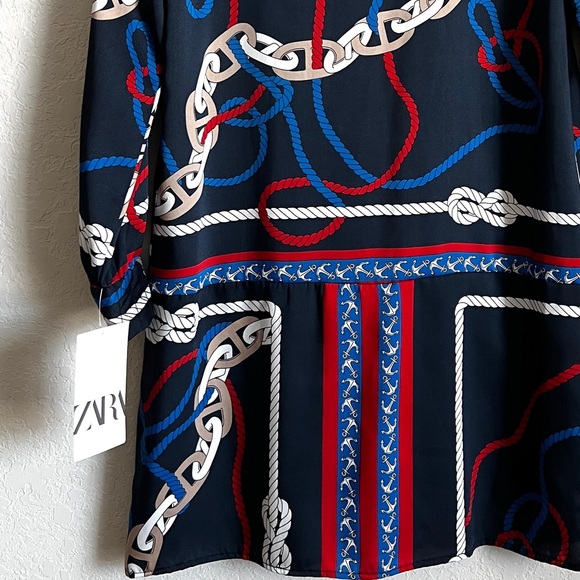 ZARA Nautical Chain Knot Print Dress Navy Double Breasted Mini XS NWT - Picture 7 of 11